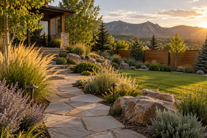 A landscaped garden with a stone path and ornamental grasses